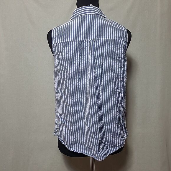 Elle Sleeveless Button Up Top Womens Size Small Blue White Stripe Ruffle - Picture 3 of 9